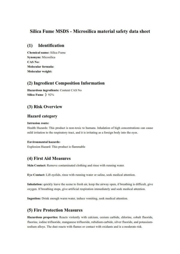Silica Fume MSDS - Microsilica material safety data sheet - HSA Microsilica